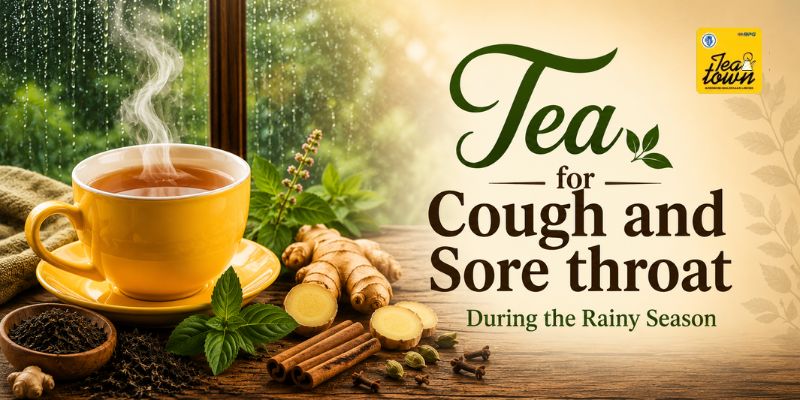 Steaming cup of tea with ginger and tulsi on a rainy day.